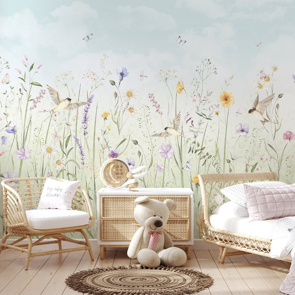 Pastel Wildflowers Meadow Wall Mural SM040 - CostaCover - Peel and stick Removable Wallpaper - accent wallpaper - adhesive wallpaper - baby bedroom