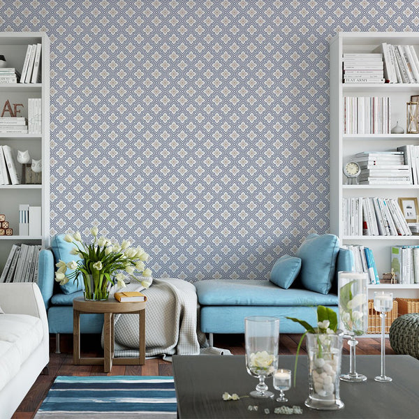 Blue and Gold Tiles Wallpaper CC126 - CostaCover - Peel and stick Removable Wallpaper - Abstract - abstract wallpaper - adhesive wallpaper