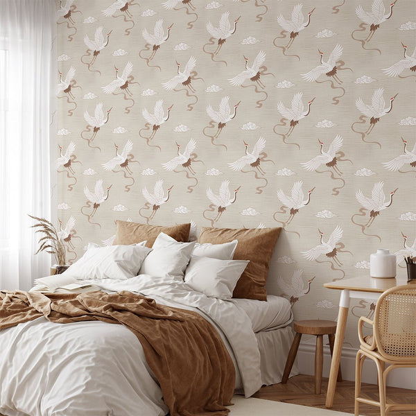Chinoiserie Crane Beige Grasscloth Wallpaper CG001 - CostaCover - Traditional Wallpaper - accent wallpaper - bathroom wallpaper - bedroom wallpaper