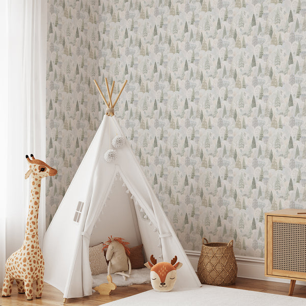 Scandinavian woodland wallpaper with overlapping evergreen trees, abstract rounded foliage and subtle watercolor textures in sage green, cream and light gray.
