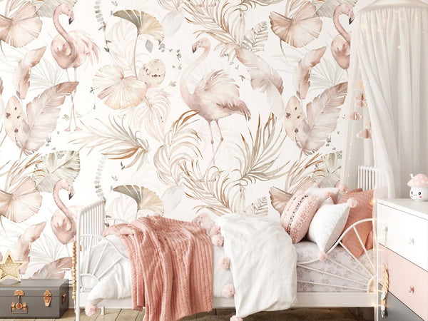 Palm Leaves & Flamingos Wallpaper W006 - CostaCover - Peel and stick Removable Wallpaper - adhesive wallpaper - baby bedroom - bedroom interior