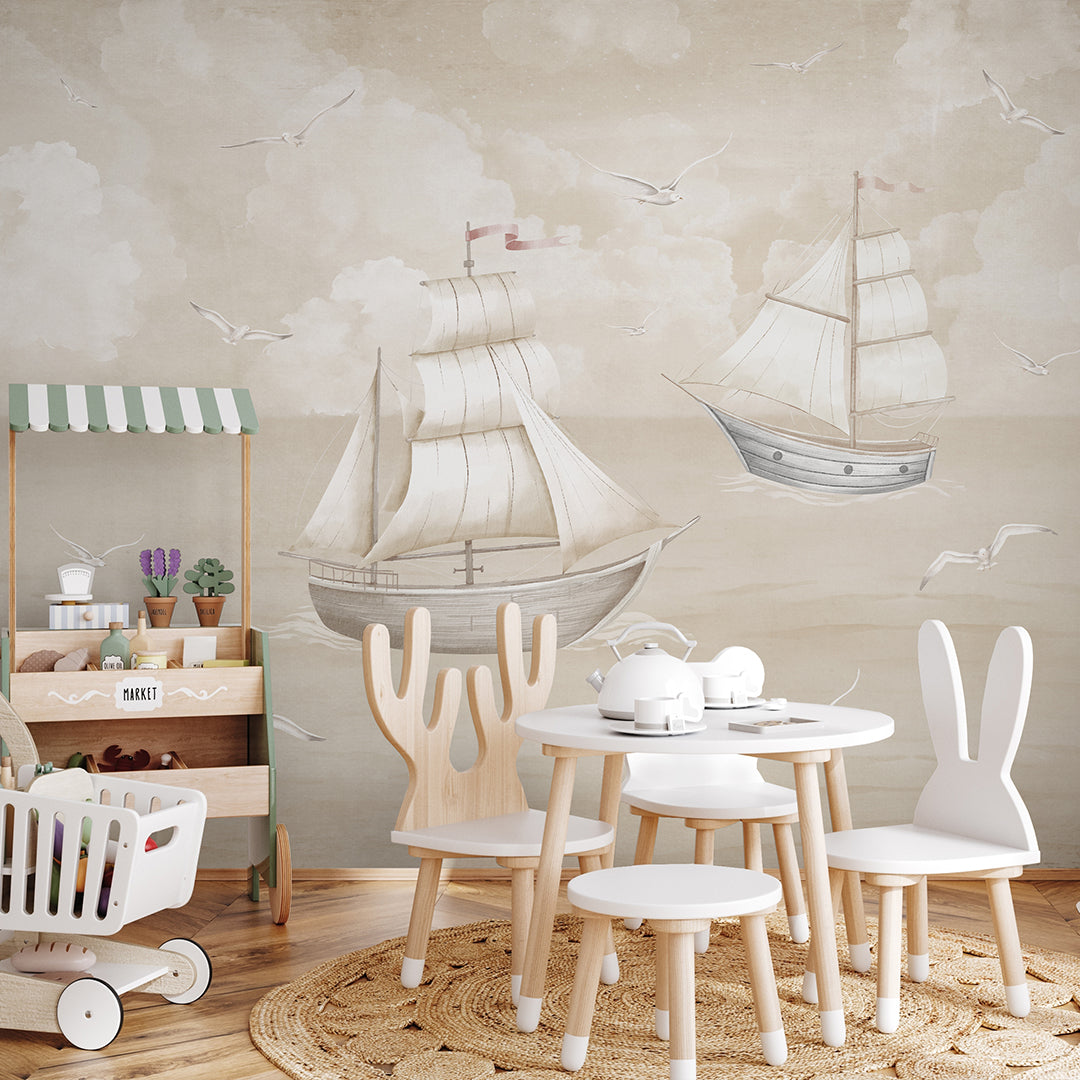 Vintage Beige Sailboats Wall Mural AM153