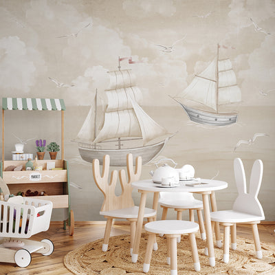 Vintage Beige Sailboats Wall Mural AM153