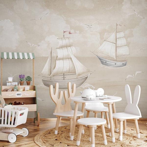 Vintage Beige Sailboats Wall Mural AM153 - CostaCover-Peel and stick Removable Wallpaper-abstract wallpaper-accent wallpaper-adhesive wallpaper