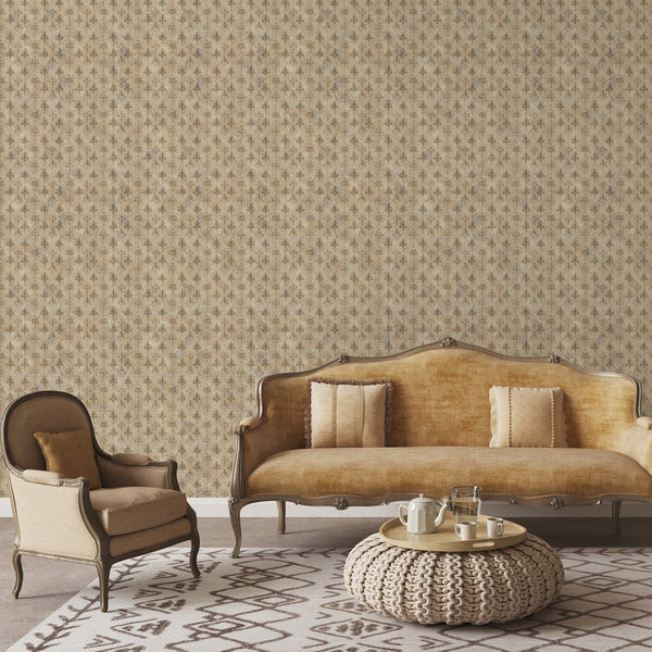 Vintage damask peel and stick wallpaper in warm beige and brown with faded distressed details for French country, farmhouse and antique inspired rooms.