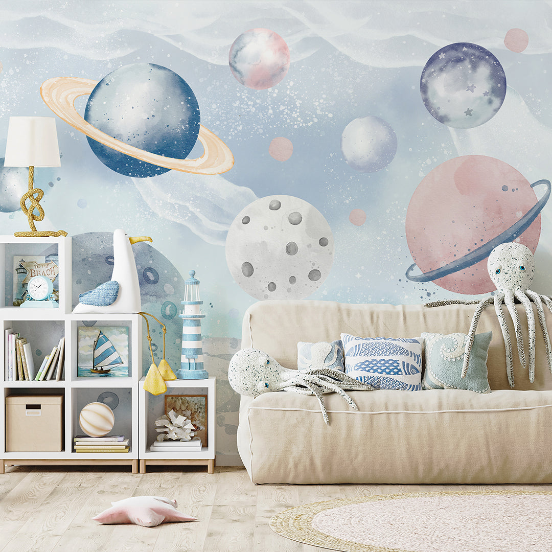 Blue Pink Planets in Space Wall Mural SM098