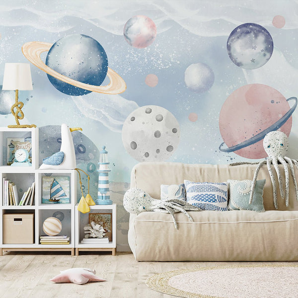 Blue Pink Planets in Space Wall Mural SM098 - CostaCover - Peel and stick Removable Wallpaper - accent wallpaper - adhesive wallpaper - baby bedroom
