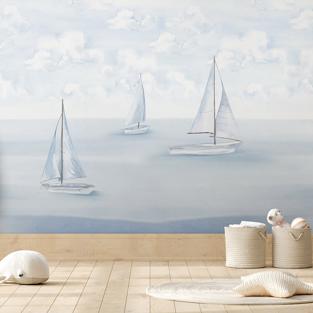 Pastel Blue Sailboats Wall Mural AM154