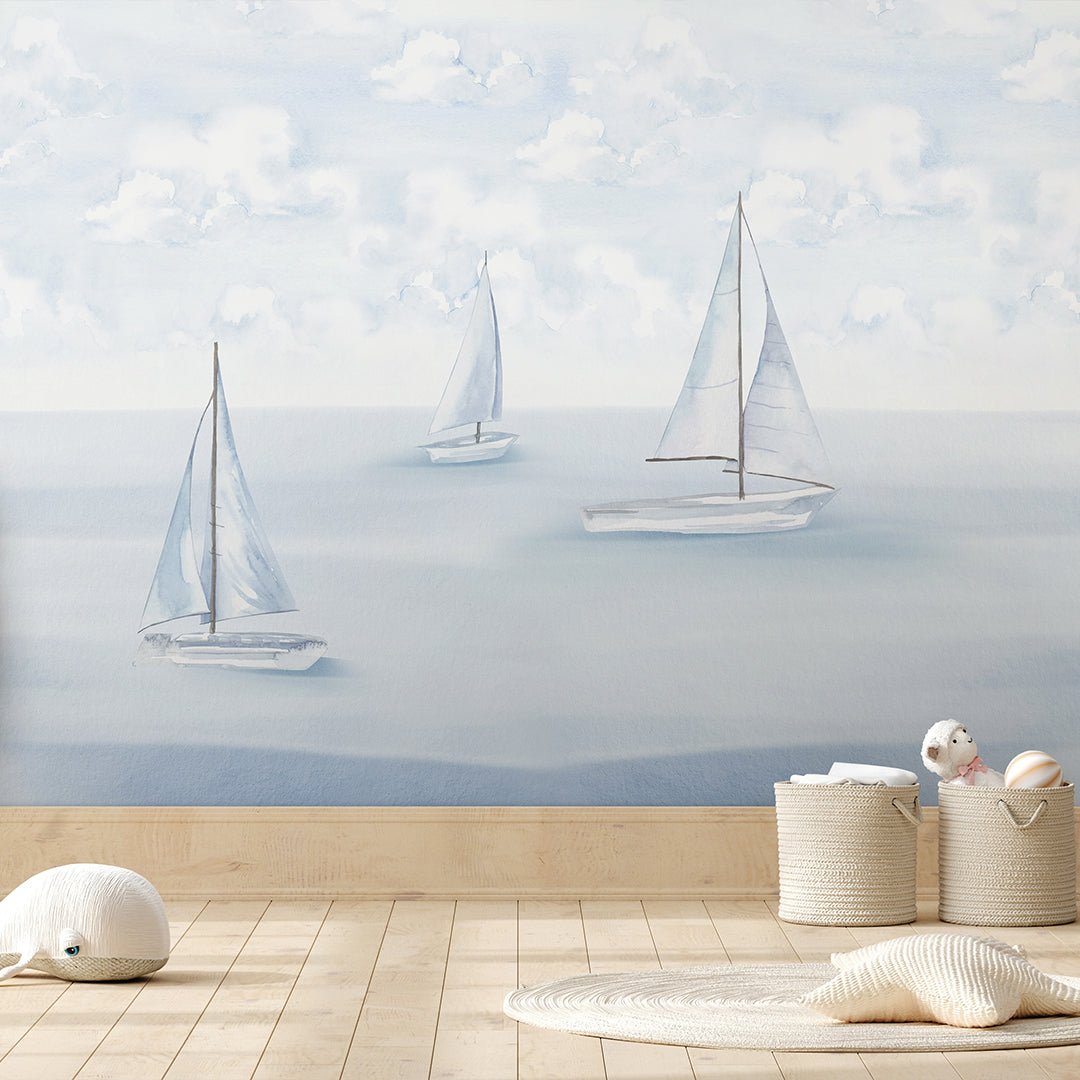 Pastel Blue Sailboats Wall Mural