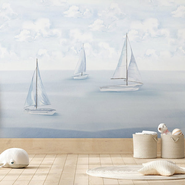Pastel Blue Sailboats Wall Mural AM154 - CostaCover-Peel and stick Removable Wallpaper-accent wallpaper-adhesive wallpaper-baby bedroom