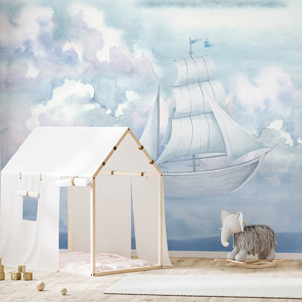 Sailboat & Cloudy Sky Wall Mural AM155 - CostaCover-Peel and stick Removable Wallpaper-accent wallpaper-adhesive wallpaper-baby bedroom