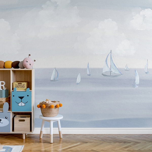 Pastel Blue Sailing Boats Wall Mural AM156 - CostaCover-Peel and stick Removable Wallpaper-accent wallpaper-adhesive wallpaper-baby bedroom