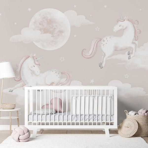 Beige Unicorns & Moon Wall Mural AM128 - CostaCover-Peel and stick Removable Wallpaper-accent wallpaper-adhesive wallpaper-baby bedroom