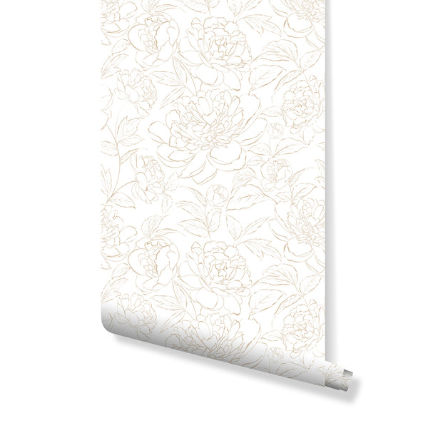 Beige Peony Wallpaper showcasing large peony blooms, buds, and leaves in fine warm beige linework over a light neutral background. This elegant, monochrome floral design is perfect for a modern classic bedroom, offering a soft, refined accent with its medium-large repeat and delicate sketch-like lines.