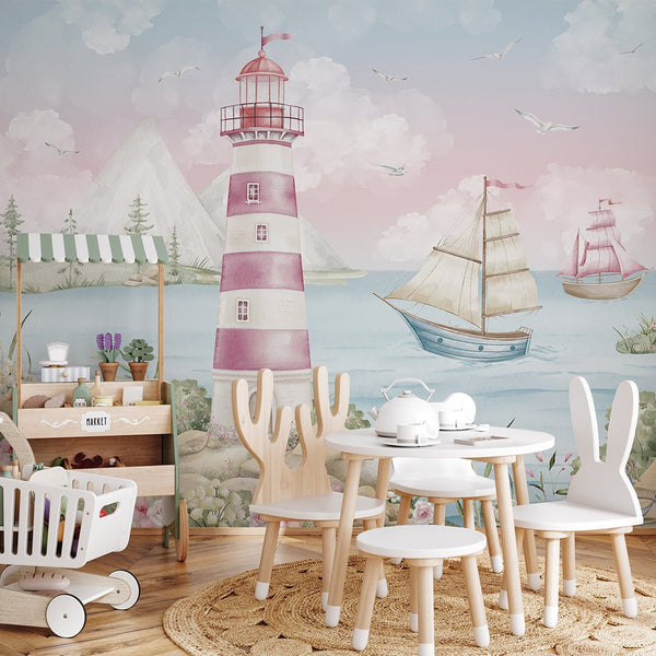 Pink Nautical Lighthouse Wall Mural AM159 - CostaCover-Peel and stick Removable Wallpaper-accent wallpaper-adhesive wallpaper-baby bedroom
