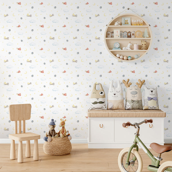 Animal wallpaper with a flying gray kitten in a superhero cape, creating a playful storybook look for a kids bedroom or baby nursery.