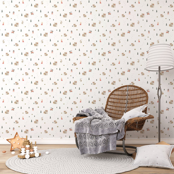 Storybook nursery wallpaper featuring tiny watercolor princesses, knights, castles and woodland trees in a delicate repeating fairytale kingdom pattern.