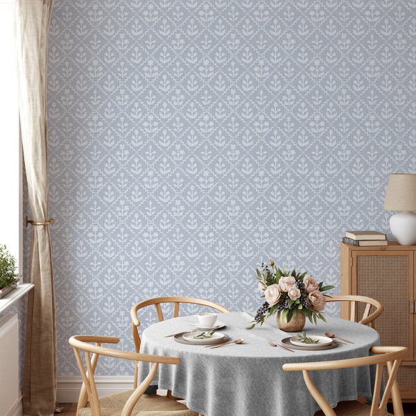Dusty Blue Linen Floral Lattice Wallpaper L123