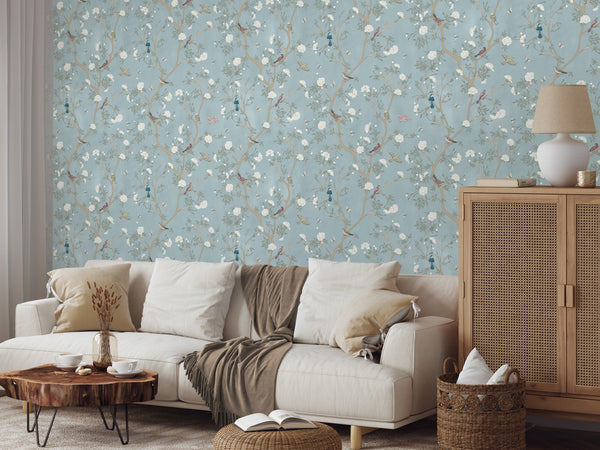 Blue Blossom Trees & Birds Wallpaper W058 - CostaCover - Peel and stick Removable Wallpaper - accent wallpaper - adhesive wallpaper - adhesive wallpaper design