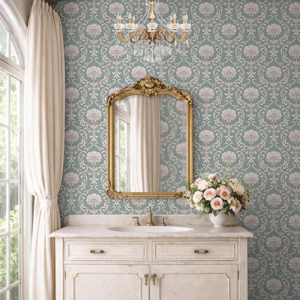 Seafoam damask wallpaper featuring scrolling floral medallions, perfect for adding a timeless elegance to hallways or living rooms.