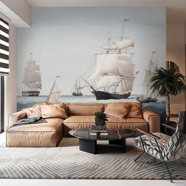 Vintage Blue Sailboats Wall Mural AM161 - CostaCover-Peel and stick Removable Wallpaper-accent wallpaper-adhesive wallpaper-bathroom wallpaper
