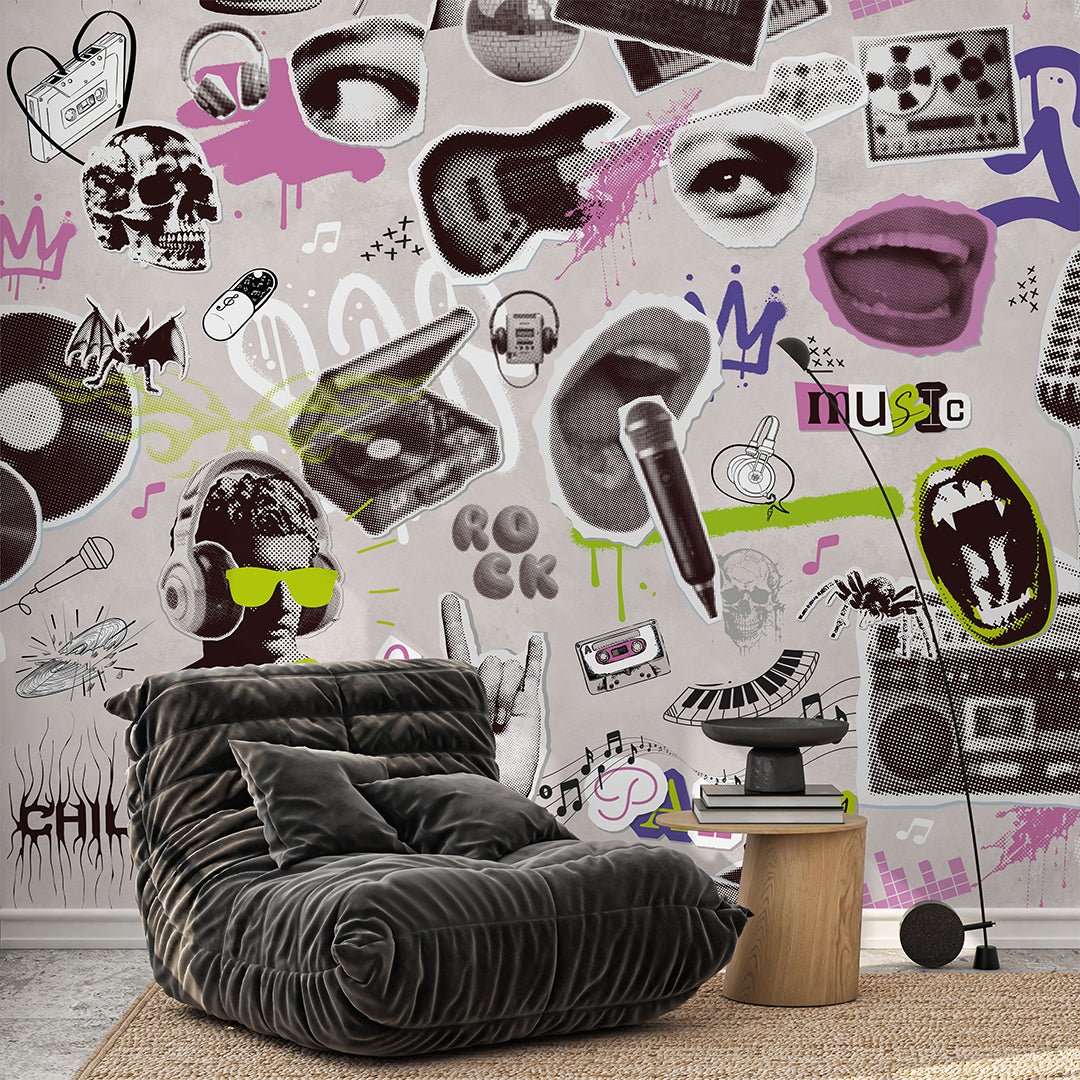 Rock Music Wall Mural with expressive music-themed collage design