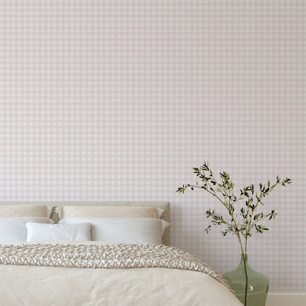Light blush plaid wallpaper with clean white blocks and fine woven-style lines, ideal for cottage, farmhouse, or nursery decor.