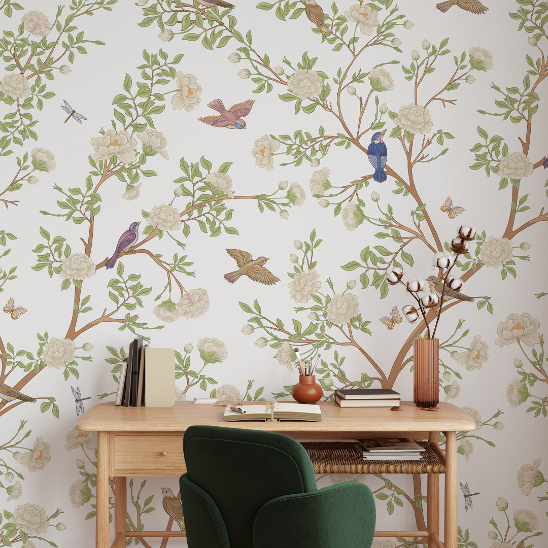 Green Blossom Trees and Birds Self Adhesive Wall Mural WM032