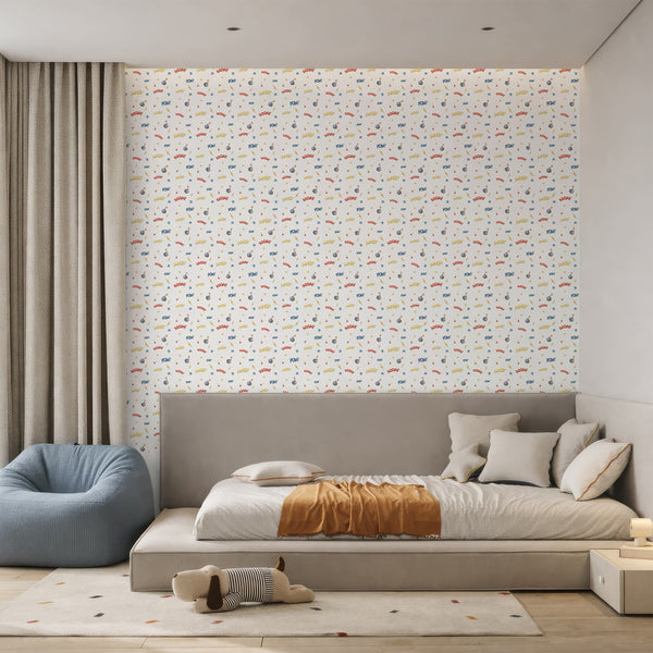 Playful comic wallpaper with a watercolor bomb, fiery red fuse, and golden lightning symbol for a superhero-themed kids room or playroom.