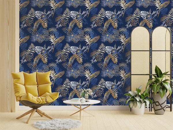Navy Blue & Gold Palm Leaves Wallpaper CC295 - CostaCover - Peel and stick Removable Wallpaper - accent wallpaper - adhesive wallpaper - bathroom wallpaper