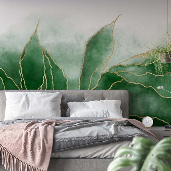 Green Gold Leaves Wall Mural CCM014 - CostaCover - Peel and stick Removable Wallpaper - Abstract - abstract lines - abstract wall art