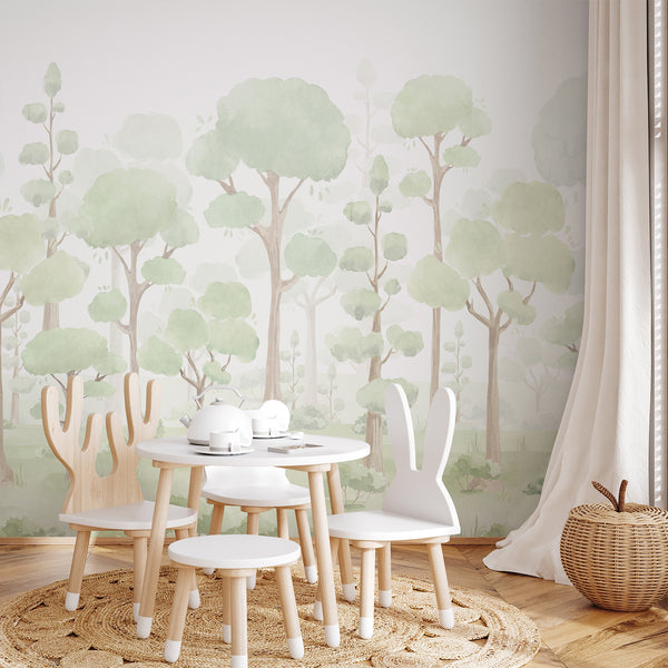 Pastel sage green nursery wall mural with rounded watercolor treetops, subtle foliage, and light neutral woodland scenery for modern children's room decor.