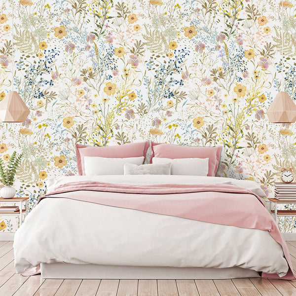Yellow Wild Floral Wallpaper W048 - CostaCover - Peel and stick Removable Wallpaper - accent wallpaper - adhesive wallpaper - baby bedroom