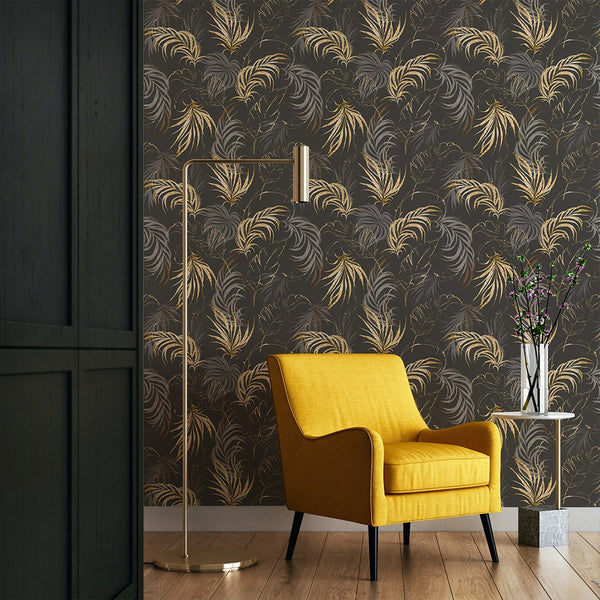 Brown & Gold Palm Leaves Wallpaper W134 - CostaCover - Peel and stick Removable Wallpaper - Abstract Beige Gold Stripes Waves Removable Wallpaper near me - abstract wall art - abstract wallpaper