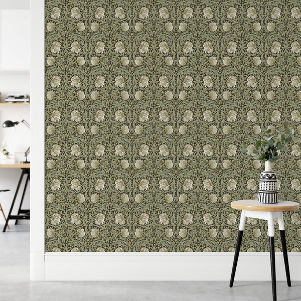 William Morris-inspired wallpaper, looped vine medallions with white flowers creating a rhythmic pattern for a sophisticated living room accent wall.