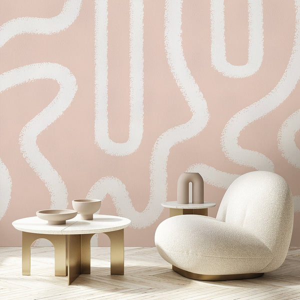 Peach Fuzz & White Lines Wall Mural AM045 - CostaCover - Peel and stick Removable Wallpaper - about walls - Abstract - Abstract Labyrinth Lines