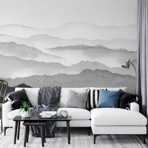 Gray Watercolor Mountains Wall Mural WM042 - CostaCover - Peel and stick Removable Wallpaper - Abstract - abstract lines - abstract wall art