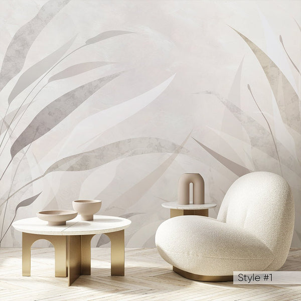Beige Gray Leaves Wall Mural AM078 - CostaCover - Peel and stick Removable Wallpaper - about walls - abstract floral - accent wallpaper