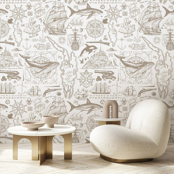 Beige Nautical Sketch Wallpaper A092 - CostaCover-Peel and stick Removable Wallpaper-abstract wall art-abstract wallpaper-accent wallpaper