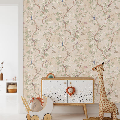 Beige Blossom Trees and Birds Self Adhesive Wallpaper W054
