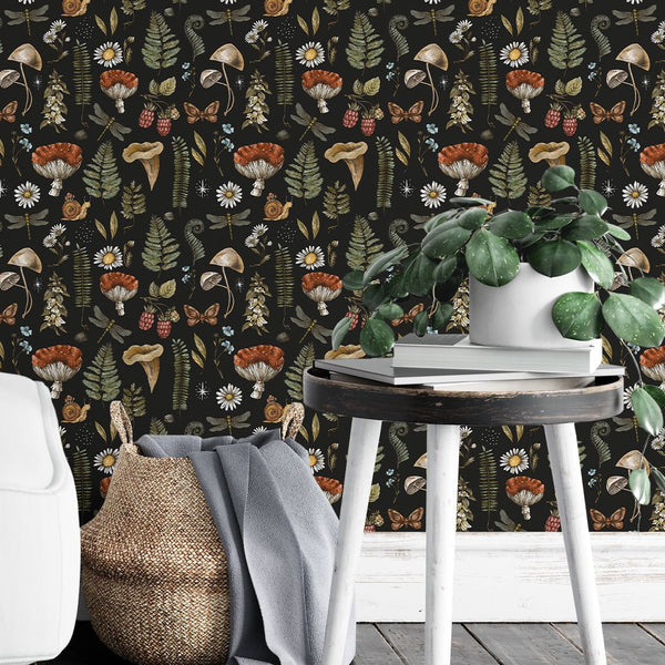 Dark Mushroom & Plants Wallpaper W146 - CostaCover - Peel and stick Removable Wallpaper - abstract floral - abstract wall art - abstract wallpaper