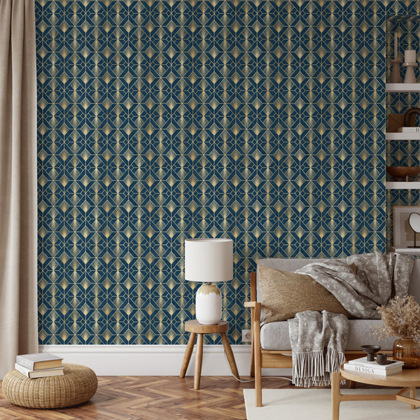 Navy Blue Art Deco Wallpaper CC333 - CostaCover - Peel and stick Removable Wallpaper - Abstract - abstract floral - Abstract Labyrinth Lines
