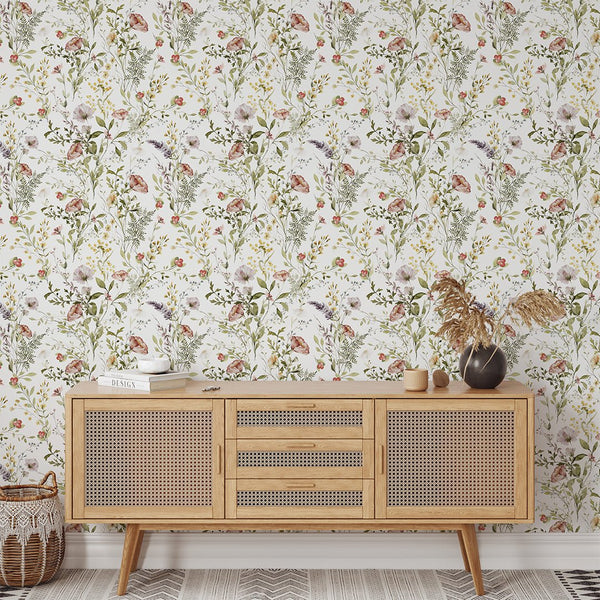 Red Yellow Wildflowers Wallpaper W065 - CostaCover - Peel and stick Removable Wallpaper - abstract wallpaper - accent wallpaper - adhesive wallpaper