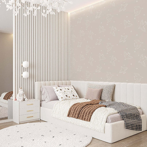 Beige White Birds Wallpaper S054 - CostaCover - Peel and stick Removable Wallpaper - abstract lines - abstract wall art - abstract wallpaper