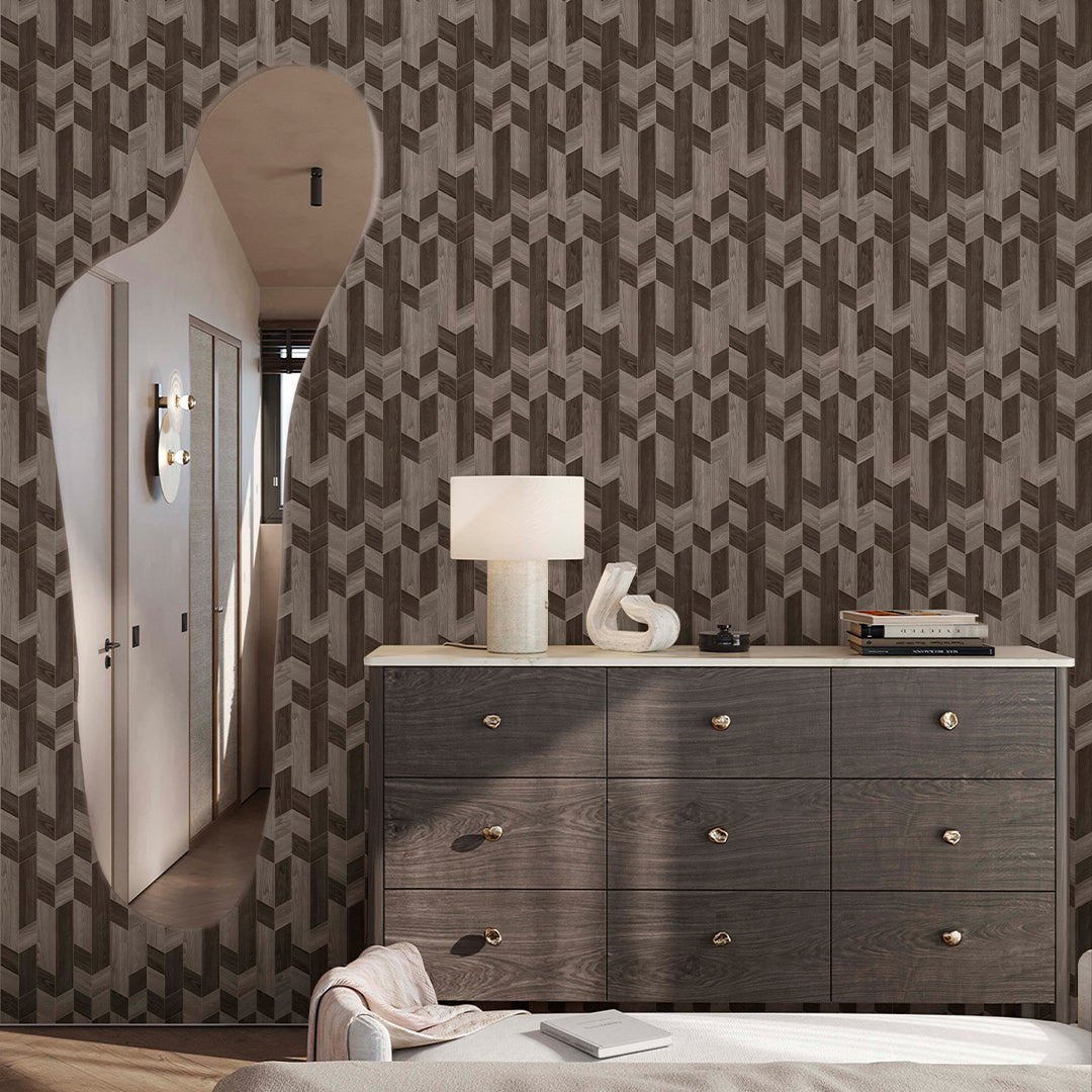 Brown Beige Wood Mosaic Wallpaper