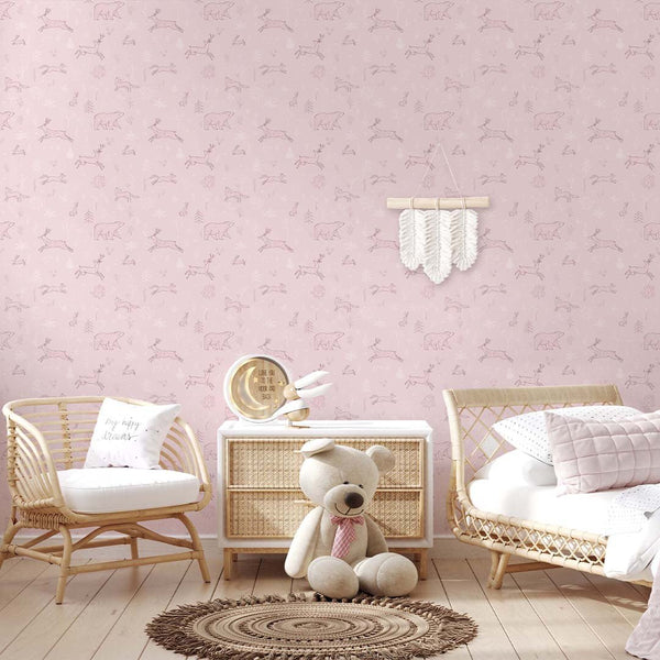 Pink Forest Animals Wallpaper S040 - CostaCover - Peel and stick Removable Wallpaper - abstract forest - accent wallpaper - adhesive wallpaper