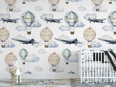 Blue Watercolor Airplanes and Air Balloons Self Adhesive Wallpaper W071