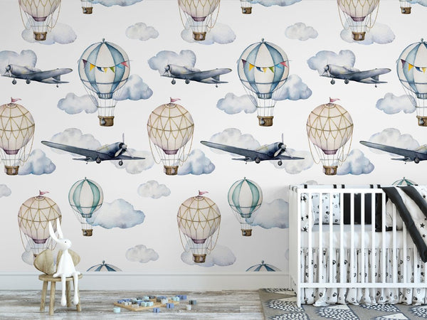 Blue Airplanes & Air Balloons Wallpaper W071 - CostaCover - Peel and stick Removable Wallpaper - abstract wallpaper - accent wallpaper - adhesive wallpaper