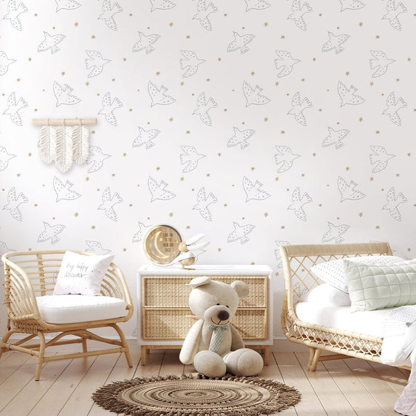 Gray Birds & Stars Wallpaper S050 - CostaCover - Peel and stick Removable Wallpaper - abstract lines - abstract wallpaper - accent wallpaper