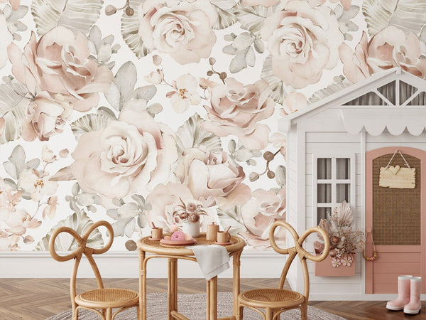 Soft Roses & Eucalyptus Wall Mural WM023 - CostaCover - Peel and stick Removable Wallpaper - adhesive wallpaper - baby bedroom - bedroom interior
